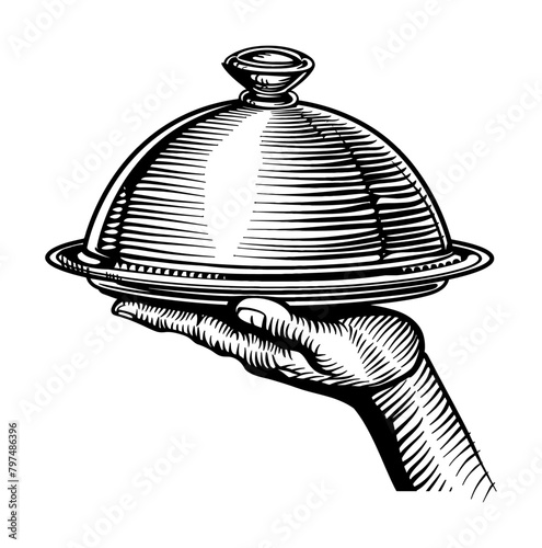 hand food tray engraving black and white outline