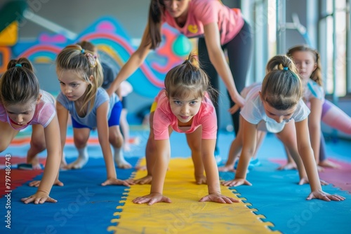 Childrens gymnastics class with female trainer at sports school, girls doing bridge position