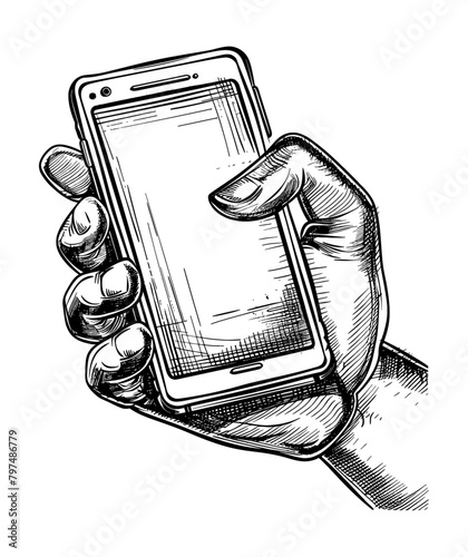 hand hold phone engraving black and white outline