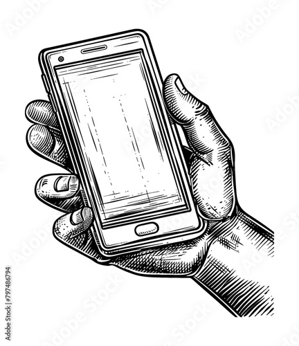 hand hold phone engraving black and white outline