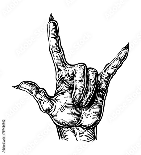 hand devil rock metal engraving black and white outline