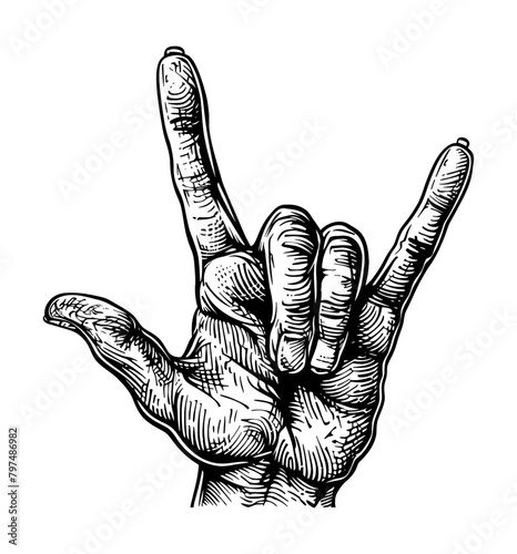 hand devil rock metal engraving black and white outline