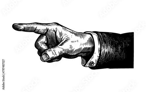 hand pointing engraving black and white outline