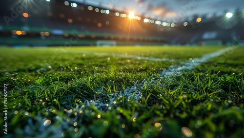 A closeup of a soccer field with a stadium, people on grassland © RichWolf