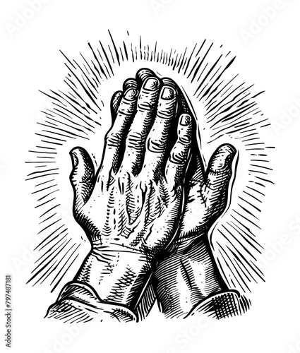 hand pray engraving black and white outline