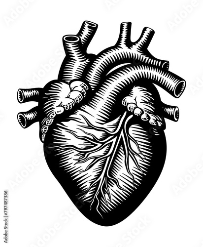 heart organ engraving black and white outline