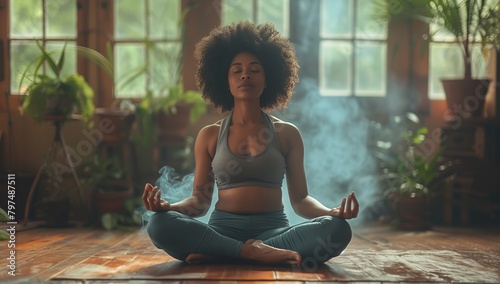 A woman sitting happily on a yoga mat in a lotus position near a window