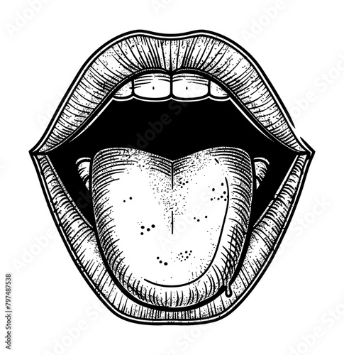 open mouth tongue engraving black and white outline