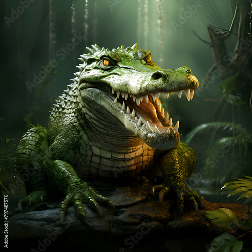 Fantasy crocodile in the dark forest. 3D rendering.