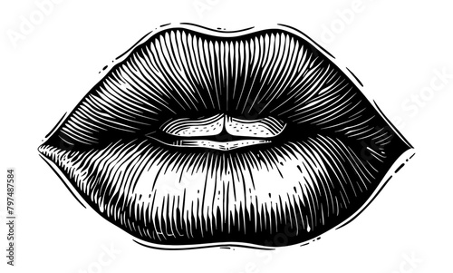 sensual lip engraving black and white outline