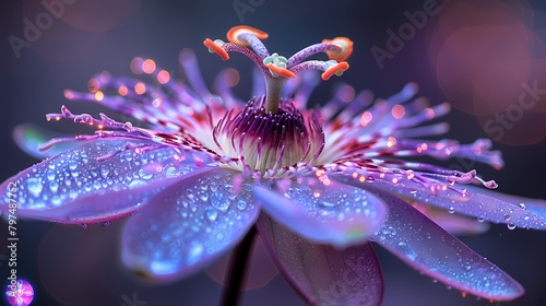 A close-up of a purple passionflower, its intricate structure and vibrant colors captivating the eye photo