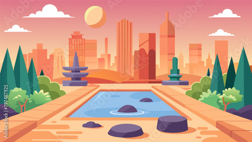 A zen garden in the center of a bustling city featuring native rocks water features and droughtresistant plants that require minimal watering.