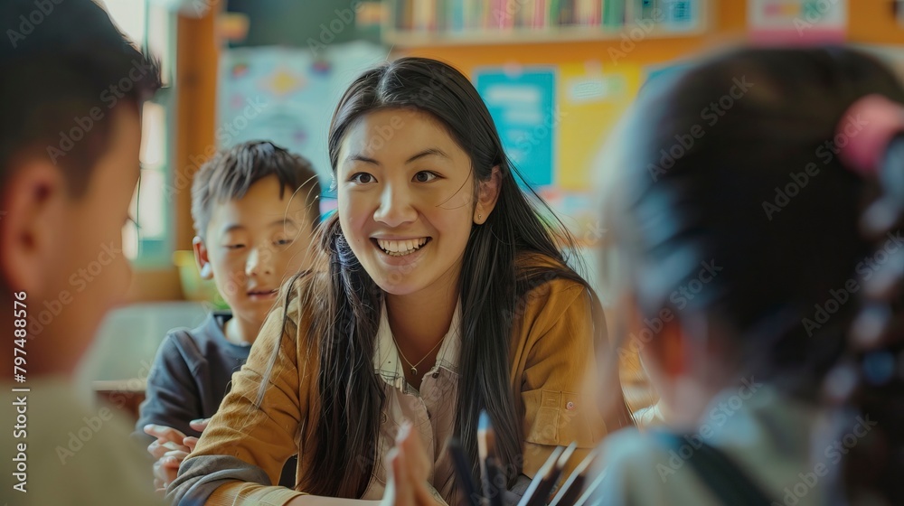 Happy female teacher with students in Classroom Happy female teacher with students in Classroom