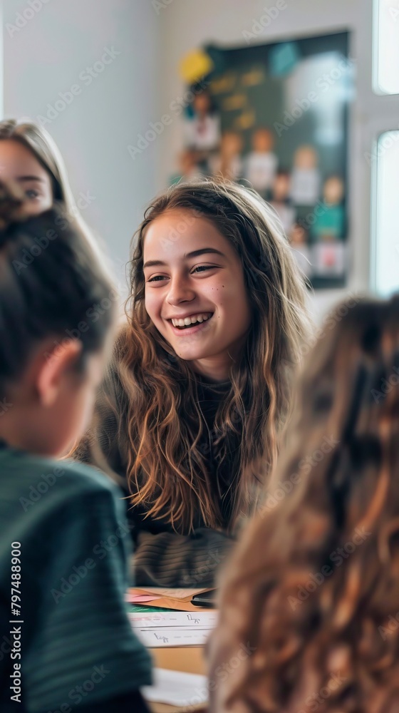 Happy female teacher with students in Classroom Happy female teacher with students in Classroom