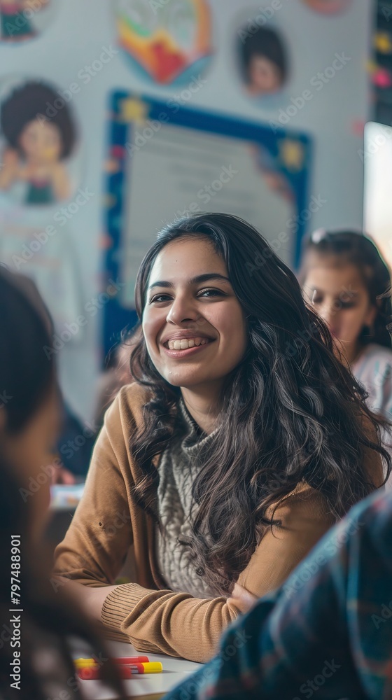 Obraz premium Happy female teacher with students in Classroom 