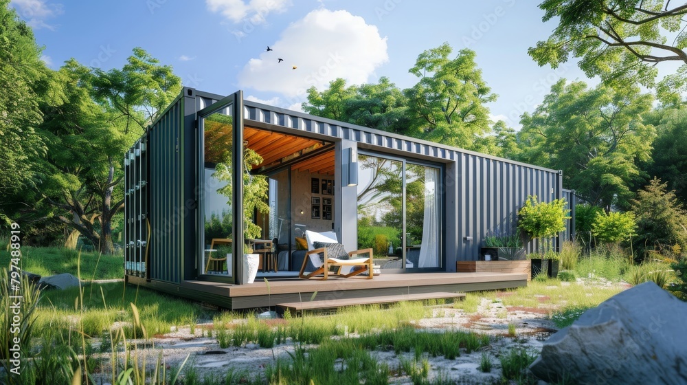 Modern shipping container house home in sunny day. sustainable eco-friendly living or holiday home