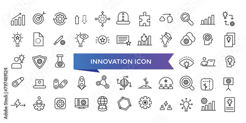 Innovation icon collection. Related to creativity, invention, prototype, visionary, idea generation, agile, revolution and more. Line vector icons set.