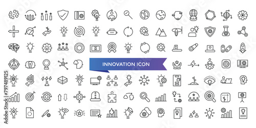 Innovation icon collection. Related to creativity, invention, prototype, visionary, idea generation, agile, revolution and more. Line vector icons set.