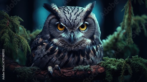 illustration of a wise and powerful owl perched on a moss-covered tree branch at twilight, AI Generative photo