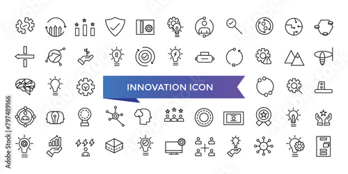 Innovation icon collection. Related to creativity, invention, prototype, visionary, idea generation, agile, revolution and more. Line vector icons set.