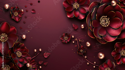 3D Beautiful spring burgundy gold flower with pearls on decorative background as wallpaper illustration with copy space, Elegant Burgundy Gold Flower Frame	 photo