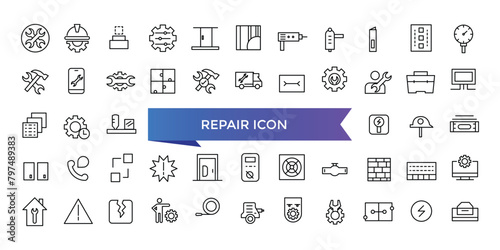 Repair icon collection. Related to fix, maintenance, toolbox, assistance, broken, troubleshoot, patch and repairman service icons. Line icon set. photo