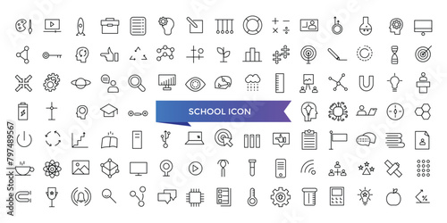 School icon collection. Related to classroom, students and teacher icons. Education and knowledge symbol. Line icons vector set.