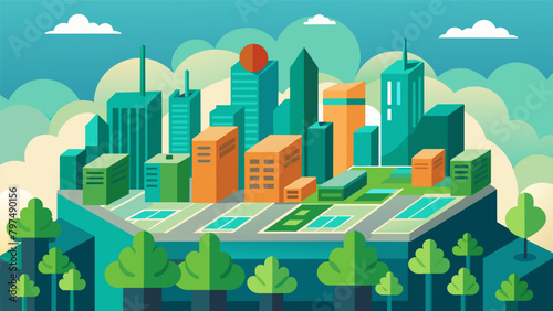 A view from above shows a cityscape dotted with green roofs reducing the heat island effect and creating a more temperate climate for the