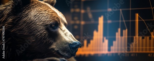 A realistic painting of a bear's face staring at a glowing orange stock market chart in the background.