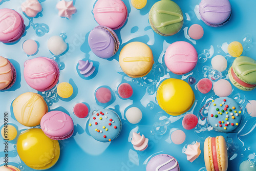 Beautiful blue river colorful candy gum drops, gumballs, lollipops and macarons 