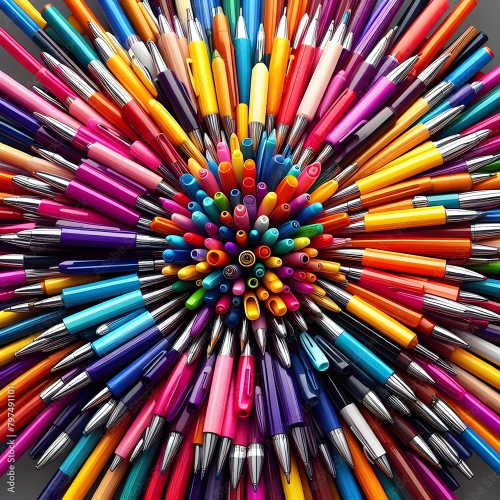Fototapeta premium Vibrant Selection Abstract Multi-Colored Ballpoint Pens for Creative Expression