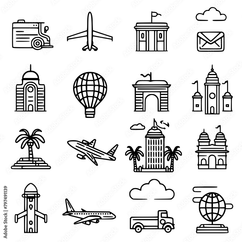 Fototapeta premium vacation icon, travel icon, beach icon, summer icon, airplane icon, tourism icon, nature icon, mountain icon, tour icon, travel destinations icon, transportation icon, transport icon, weather icon, lu