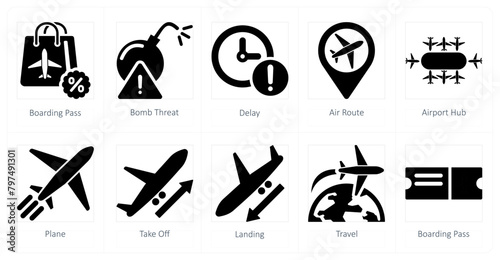 A set of 10 airport icons as boarding pass, bomb threat, delay