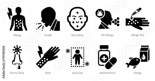 A set of 10 allergy icons as allergy, cough, dermatitis