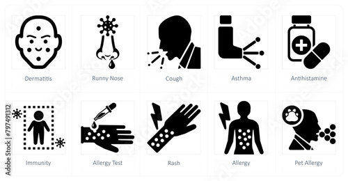 A set of 10 allergy icons as dermatitis, runny nose, cough