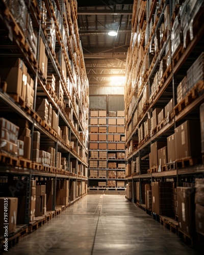 Retail warehouse with shelves, pallets, forklifts in sunlight. Logistics background.
