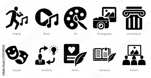 A set of 10 art icons as singing, music, art