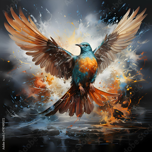 Colorful bird with wings spread and splashes on a dark background photo