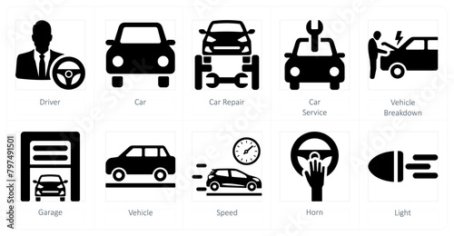 A set of 10 car icons as driver, car, car repair