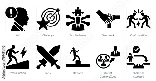 A set of 10 challenge icons as fear, challenge, resolve issues