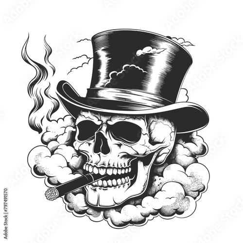 whimsical skull, sporting a top hat and cigar, adds a touch of dark humor to the concept of mortality © Supardi