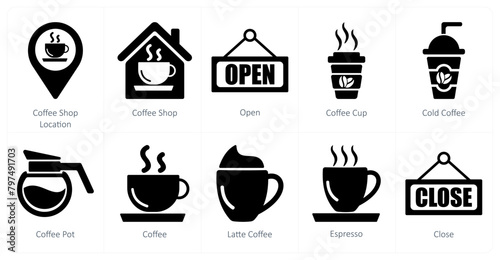 A set of 10 coffee icons as coffee shop location, coffee shop, open