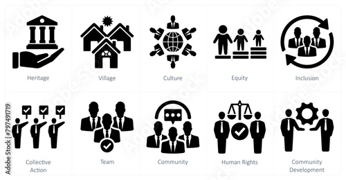 A set of 10 community icons as heritage, village, culture