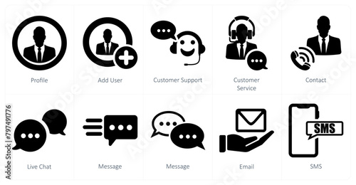 A set of 10 contact icons as profile, add user, customer support