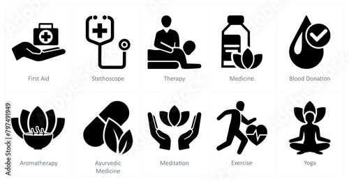 A set of 10 mix icons as first aid, stethoscope, therapy