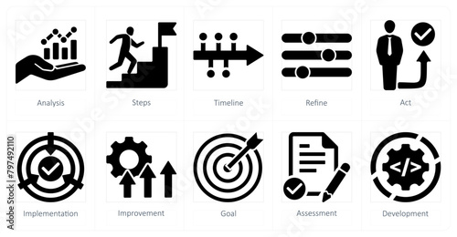 A set of 10 action plan icons as analysis, steps, timeline