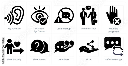 A set of 10 active listening icons as pay attention, maintain eye contact, dont interrupt