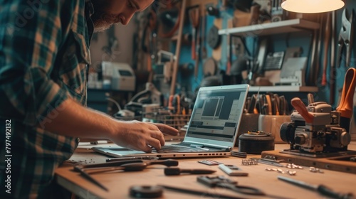 A man is using a computer in a workshop, combining engineering and art for building. AIG41