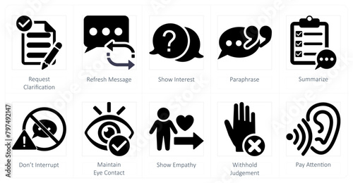 A set of 10 active listening icons as request clarification, refresh message, show interest