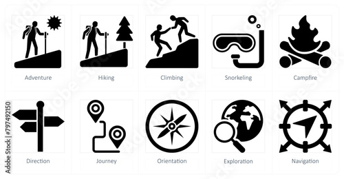 A set of 10 adventure icons as adventure, hiking, climbing